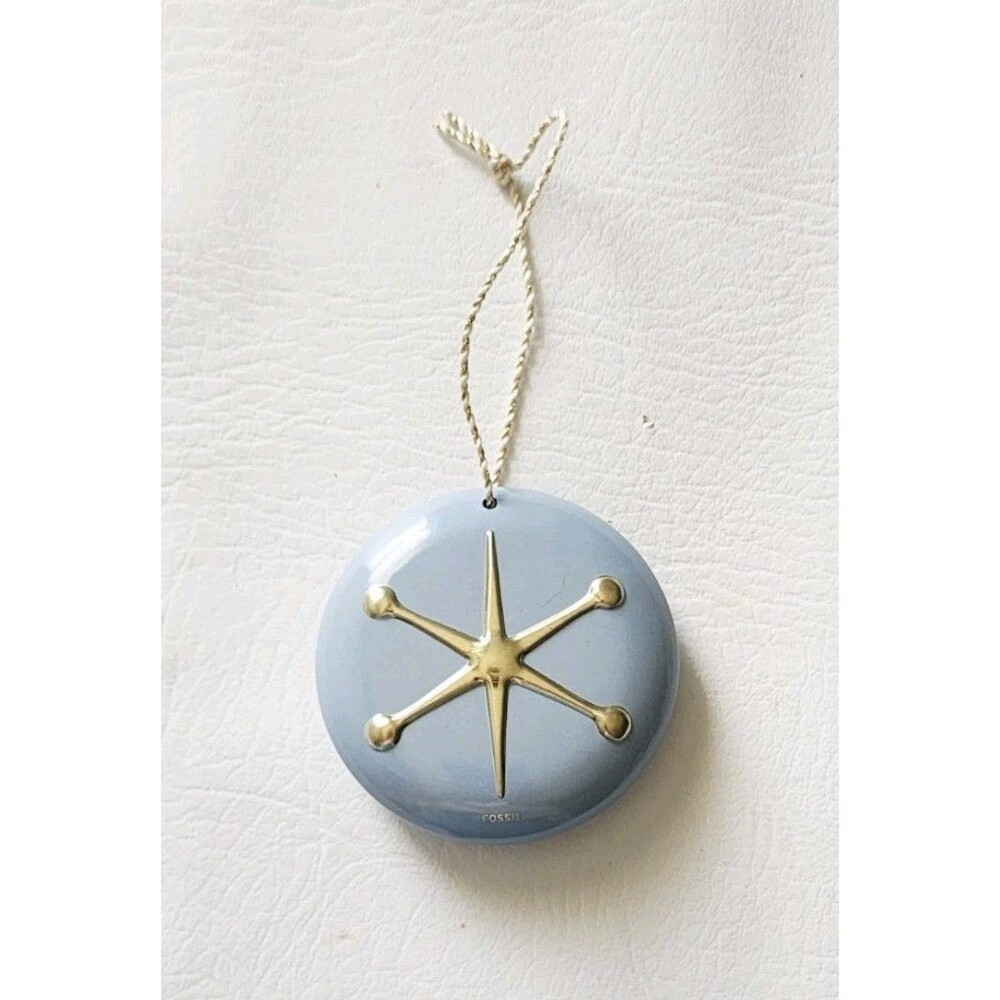 Fossil Brand Blue & Gold Metal Ball &Jack Design Christmas Ornament 3" x 3"